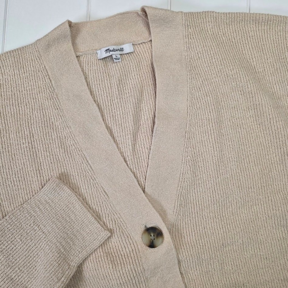 Madewell Women's L Birchmoor‎ Cardigan Sweater Beige Ribbed Button Front V-Neck
